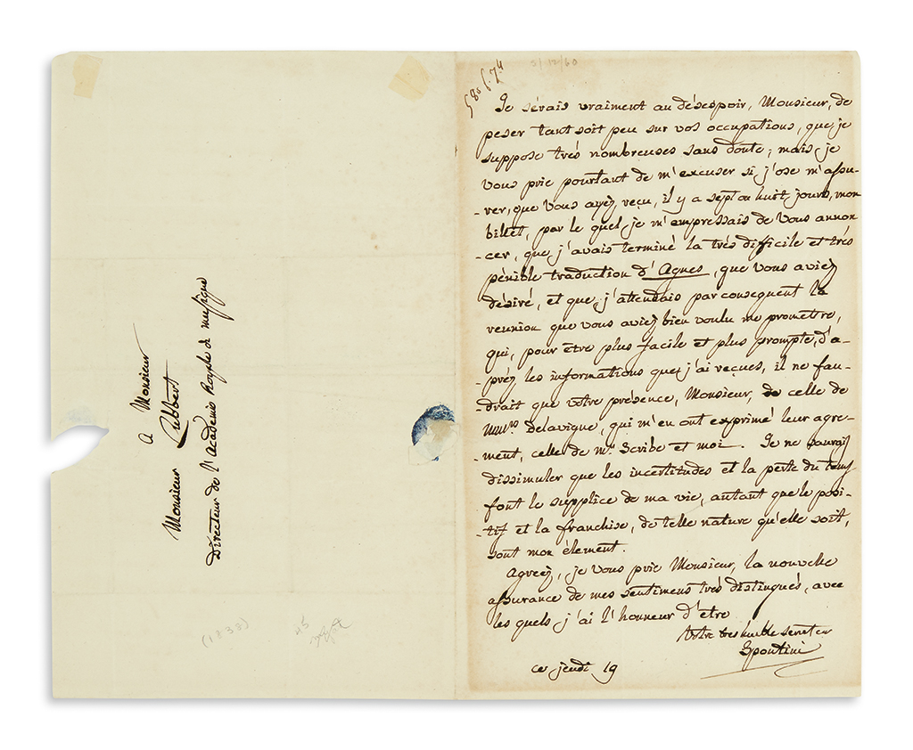 SPONTINI, GASPARE. Autograph Letter Signed, Spontini, to Director of the Royal Academy of Music Émile Timothée Lubbert, in French,